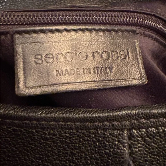 Sergio Rossi Large Black Pebbled Leather Hobo Handbag With Wooden Handle - Picture 5 of 12